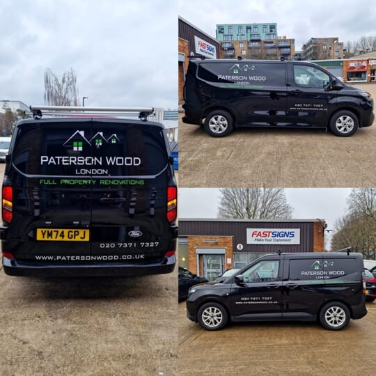 Image collage of a black Paterson Wood van with vehicle graphics and wraps